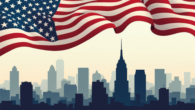 Vector illustration of American flag waving over New York City skyline