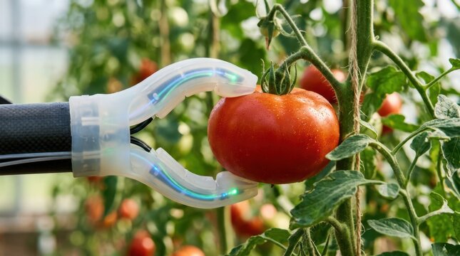 A detailed macro image of a robotic arm using a soft-touch gripper to harvest a ripe tomato, demonstrating precision and care in automated farming.