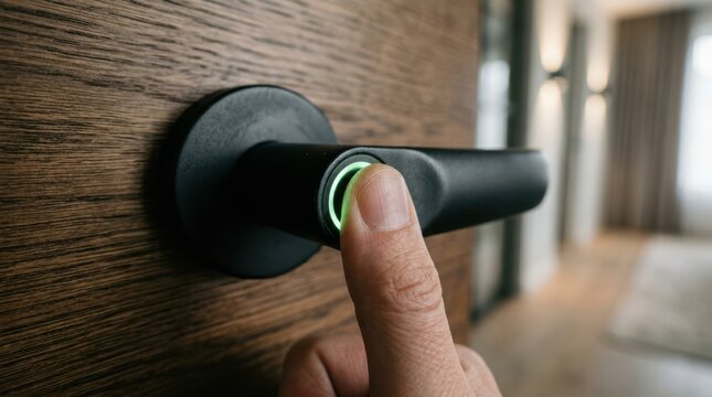 A detailed macro photograph of a person using a biometric fingerprint scanner on a stylish modern door handle for secure and easy home access.
