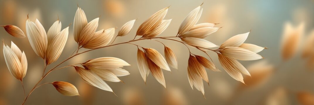 Close-up slender stem with pale brown oat seedheads along length against soft blurred beige background for rustic decor and natural branding