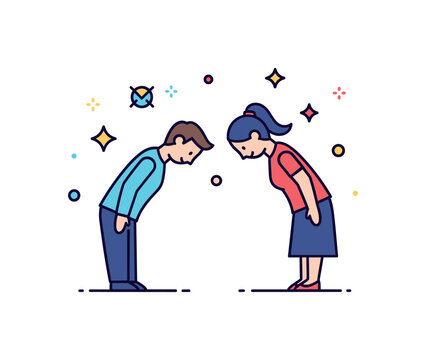 Civility and polite behavior two characters slightly bowing to each other while small decorative sparkles express appreciation, gratitude and respectful