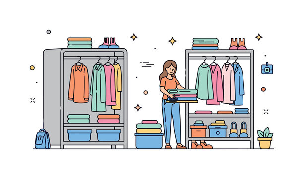 Organizing closets and folding clothes in bright daylight, capturing satisfaction, productivity, and decluttering during spring cleaning. Minimalist flat