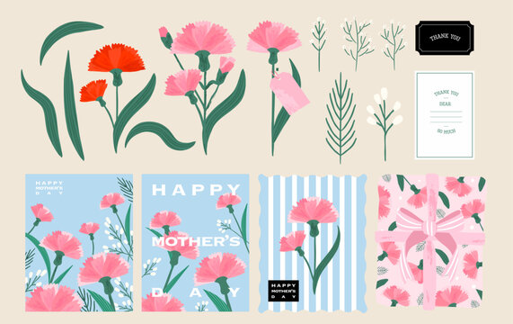 Pink carnations decoration set Mother's Day floral vector