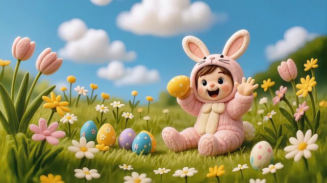 Adorable 3D animated video showing a cute baby in a pink bunny suit sitting happily in a flower-filled spring meadow. The baby smiles, gathers colorful Easter eggs, holds one up, and waves cheerfully.