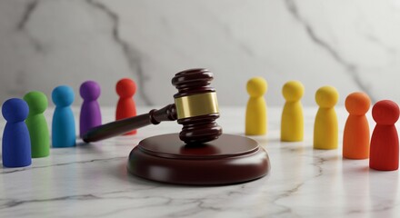 Diverse group of people around a judge's gavel on a marble desk symbolizing law order and community