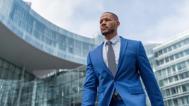 Corporate Visionary: An elegantly attired business person stands confidently before a modern architectural marvel, embodying success. It is a portrait of purpose and determination.