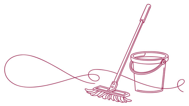 Simple line art illustration of a mop and bucket ready for cleaning