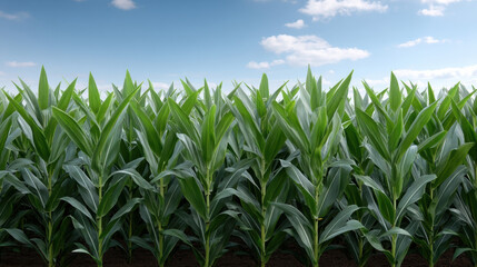 Naklejka premium Lush green corn field under blue sky with fluffy clouds, vibrant leaves, healthy growth, agricultural landscape, summer season