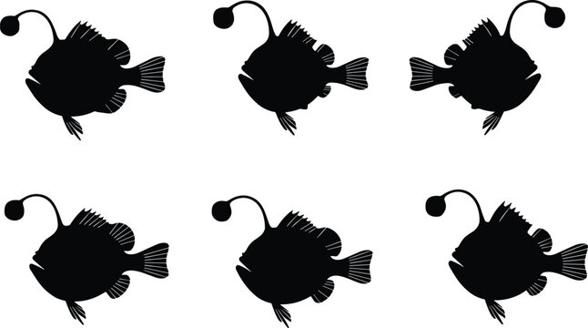 Anglerfish silhouette set. Deep sea fish vector collection with simple lure shapes and clean style. Marine silhouettes isolated for icon, UI, and graphic design use.