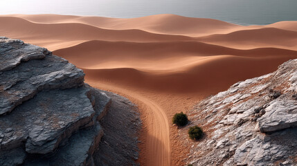 Fototapeta premium Aerial view desert sand dune landscape with rocky cliff, winding path, tranquil atmosphere, natural beauty, serene, sunlight