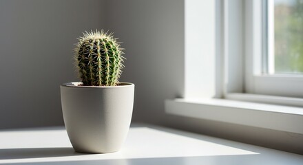 Small green cactus in a white pot on a sunny windowsill with gray wall background and natural light