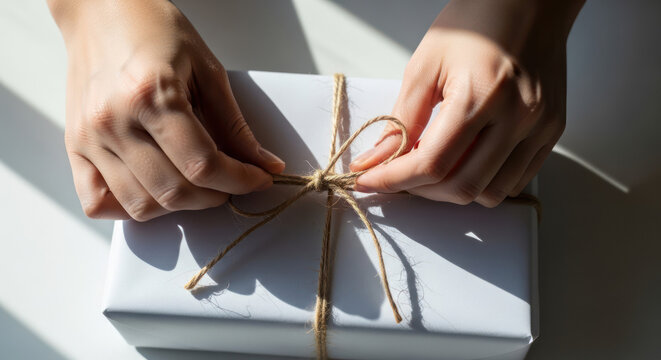 Close-up shot of hands tying a brown string around a wrapped gift box on a white surface with