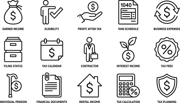 Black line icon set for tax preparation including earned income eligibility profit after tax filing status and financial planning documents