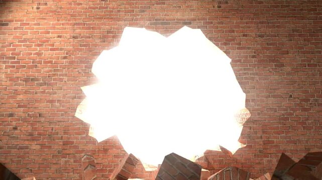 4K Brick Wall Breaking Through, Red Bricks Demolishing and Smashing to Reveal Bright White Light, Concept of Freedom, Escape, and New Beginnings