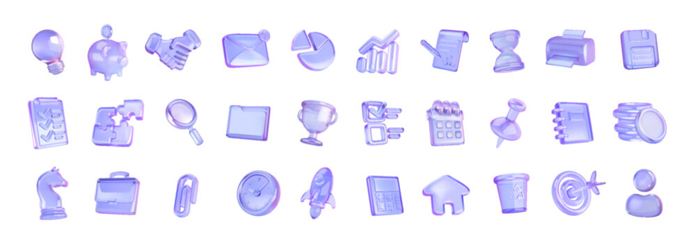 A set of glossy purple icons representing various office items. They are designed in a 3D style. Perfect for digital projects. Includes envelopes, charts, and more.