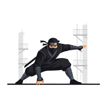 A stealthy ninja in black, mid-crouch with sword at side, cityscape background