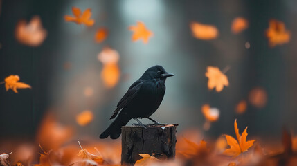 Fototapeta premium Black bird perches calmly on a weathered stump