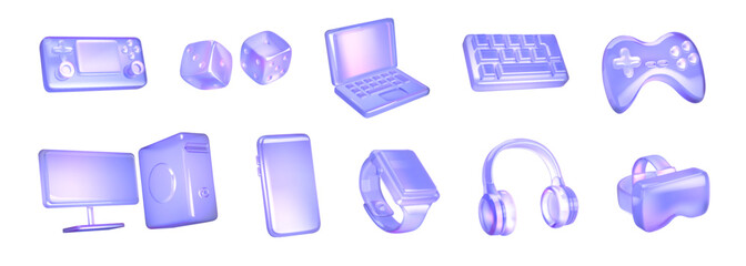 Collection of technology gadgets in holographic style. Includes gaming consoles, laptop, and headphones. Designed in soft purple tones. Ideal for digital design concepts. © ApoevArt