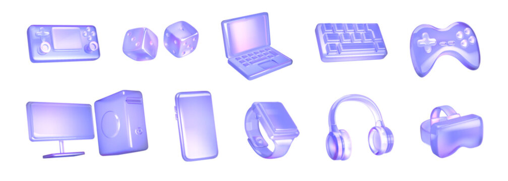 Collection of technology gadgets in holographic style. Includes gaming consoles, laptop, and headphones. Designed in soft purple tones. Ideal for digital design concepts.