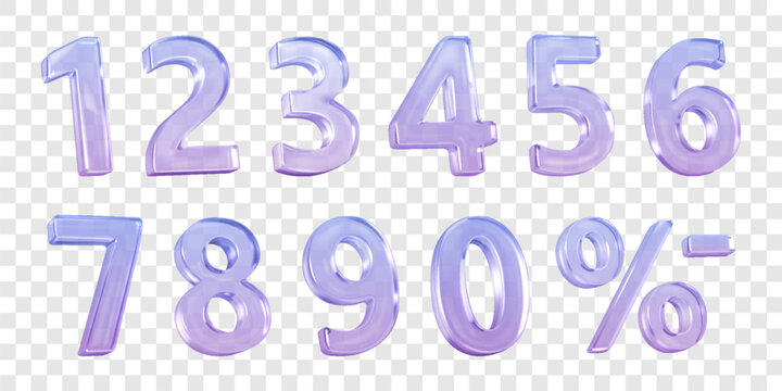 Glossy purple numbers with transparent style and reflective effect in vector illustration. Includes numbers zero through nine with percentage sign on transparent background.
