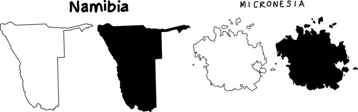 Namibia and Micronesia map silhouettes in outline and solid styles, minimal vector shapes isolated on white background for geographic design use