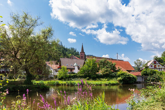 Schiltach village with church and Kinzig river in Black Forest