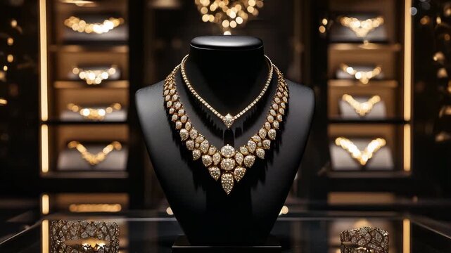 Gold jewelry is arranged elegantly in a display case, highlighting its detailed craftsmanship and sparkling appearance