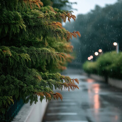 Fototapeta premium Green tree branch rain wet pavement blurred background evening street nature peaceful moody soft light