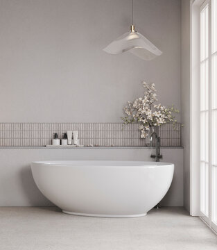 Modern minimal bathroom with white bathtub and floral decor