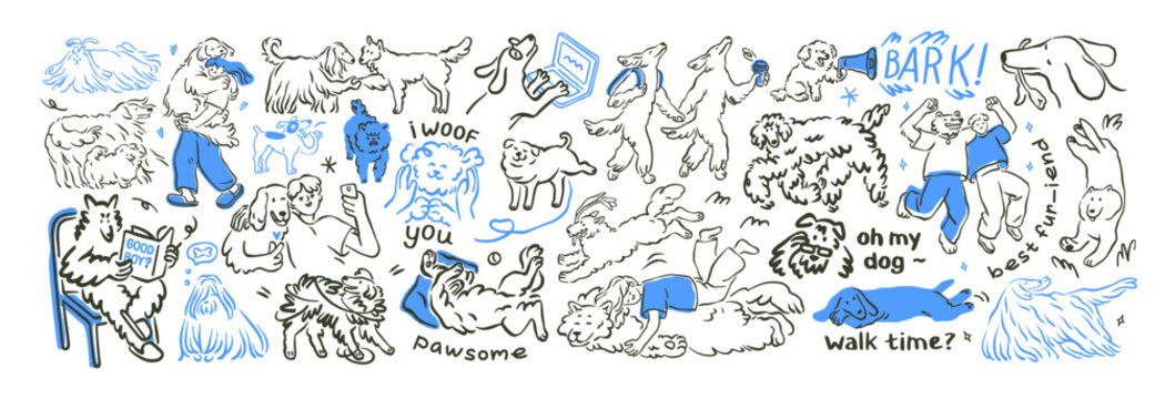 Cute funny dogs in doodle outline style. Pets, canine animals, puppies activities, scribble line drawing, contour handdrawn sketches. Hand-drawn vector illustrations isolated on white background