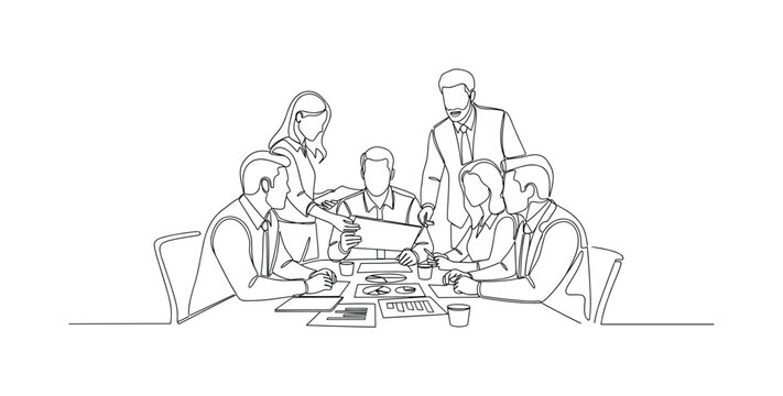 Workplace Meeting Scene. Minimalistic one-line drawing team exchanging ideas with charts and documents spread on a table, continuous single black line on white