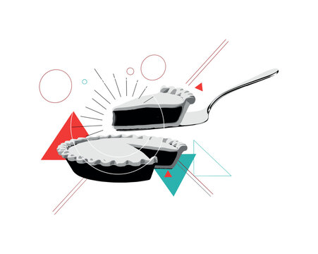black and white pie being lifted by a cake server, realistic cut-out objects with white outline, abstract circular halos and diagonal lines emphasizing motion,
