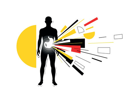 human figure with glowing stomach abstract semicircles lines and geometric blocks symbolizing energy absorption after eating black and white retro figure with