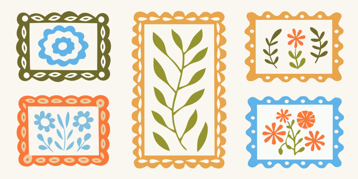 Colorful floral frames and botanical designs arranged in a grid pattern