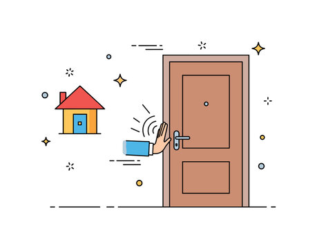 Home moment closing a squeaky door with a hand pushing the door while tiny curved motion lines and decorative dots show sound and motion, capturing relatable