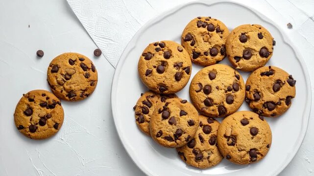 Close-up of baked chocolate chip cookies on a white plate and surface, scattered pieces too