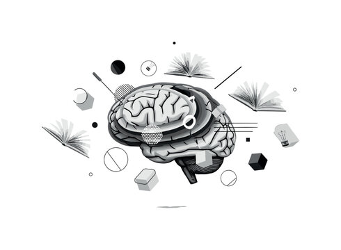 brain with floating books, geometric circles lines and abstract blocks representing cognitive growth and ideas, black and white retro realistic brain layered