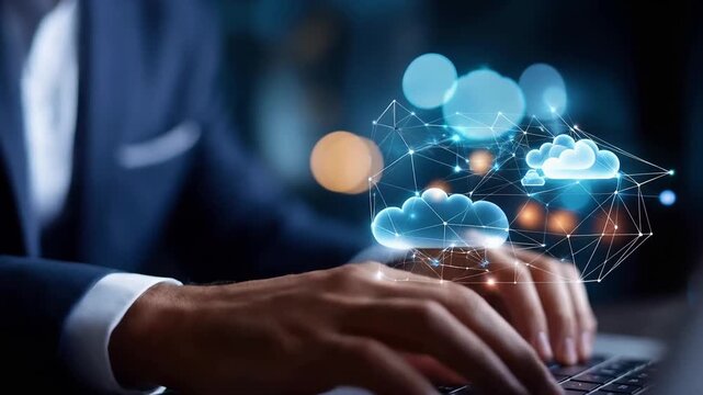 Businessman engaged with a laptop amidst cloud computing graphics