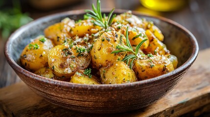 Fototapeta premium A mustard and honey glazed potato salad served in a ceramic rustic bowl