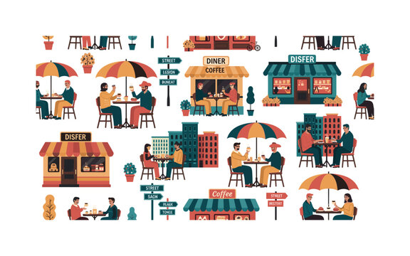 street dining pattern seamless pattern, cafes with outdoor seating, diners, coffee, pastries, umbrellas, street signs and urban buildings arranged in a