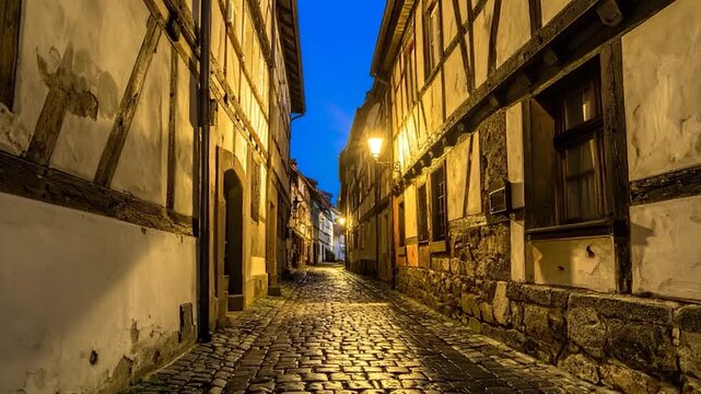 Cobblestone street leads through historic buildings at twilight. Illuminated by streetlights, framed by timber-framed walls