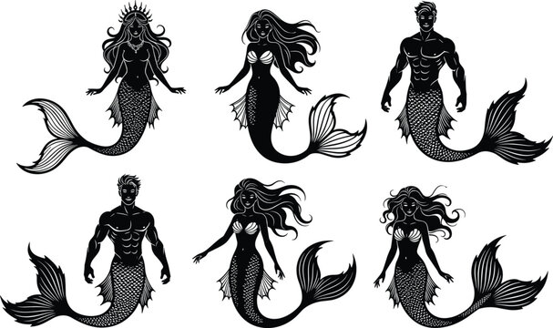 Fantasy silhouette vector illustration of mermaids and mermen with crowns, flowing hair, fish tails, mythical sea creatures, aquatic design artwork