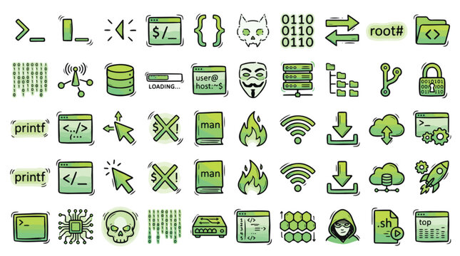 Cybersecurity Hacking Icon Set in Doodle Style. A collection of coding linear icons, including terminal, binary, server, firewall, database, linux, root, skull, cloud, and more. Hand-drawn.