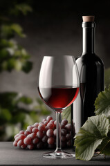 Naklejka premium Red wine glass wine bottle grape green leaf elegant high fidelity still life luxury dark background moody atmosphere