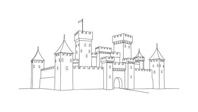Medieval Realm. Minimalistic one-line drawing fortified castle with walls and turrets representing a historic kingdom, continuous single black line on white