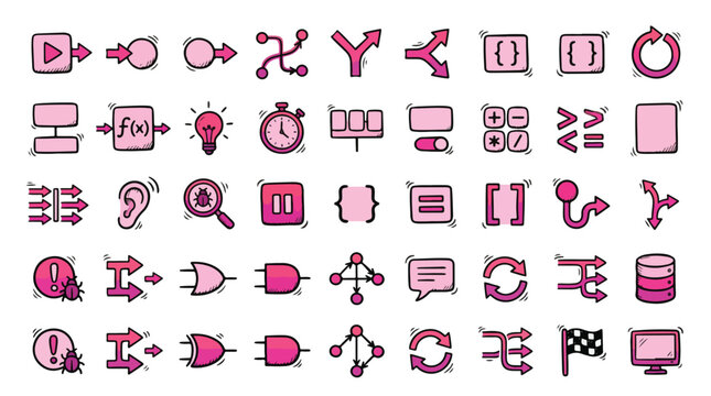 Software Development Icon Set in Hand-Drawn Style. A collection of Algorithm Linear Icons, Including logic gates, code brackets, debugging bugs, database, loops, flowcharts