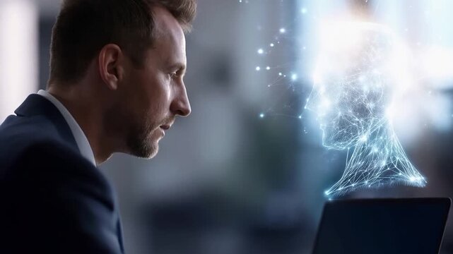 An individual works intently on a laptop surrounded by glowing encryption shapes.