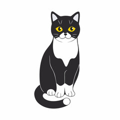 Fototapeta premium A charming black and white cartoon cat with bright yellow eyes