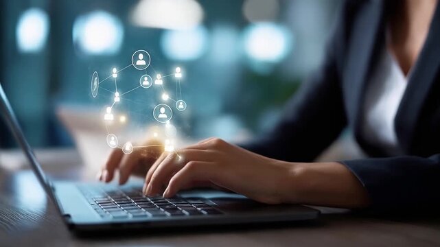 A manager focuses on a laptop at a modern desk with vibrant tea icons.