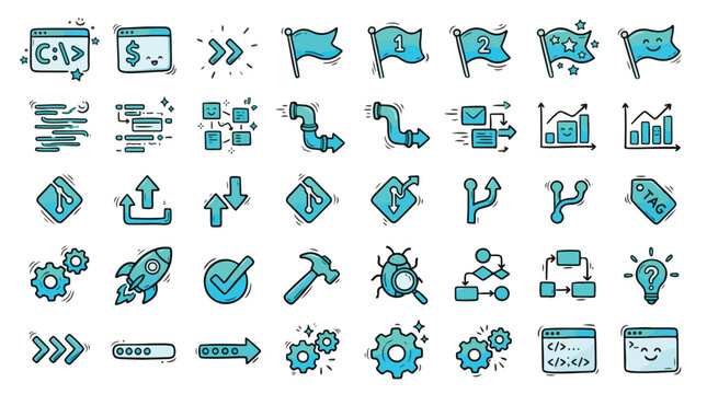 DevOps and Coding Icon Set in Cyan Doodle Style. A collection of development Linear Icons, Including git, pipeline, rocket, gear, bug, hammer, flag, terminal, arrow, logic, tag